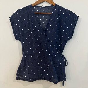 Old Navy Blue Linen Polka Dot Women’s Wrap Blouse Shirt Size S